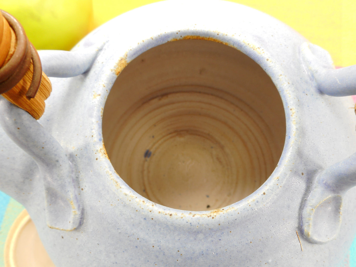 V. Peter 1985 Signed Art Pottery Blue Teapot Bamboo Handle Clean