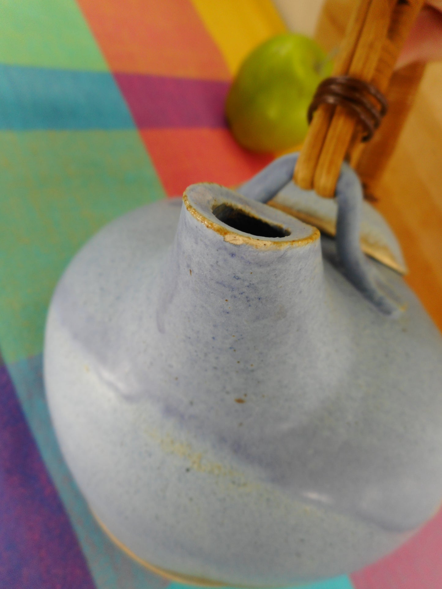 V. Peter 1985 Signed Art Pottery Blue Teapot Bamboo Handle Chip