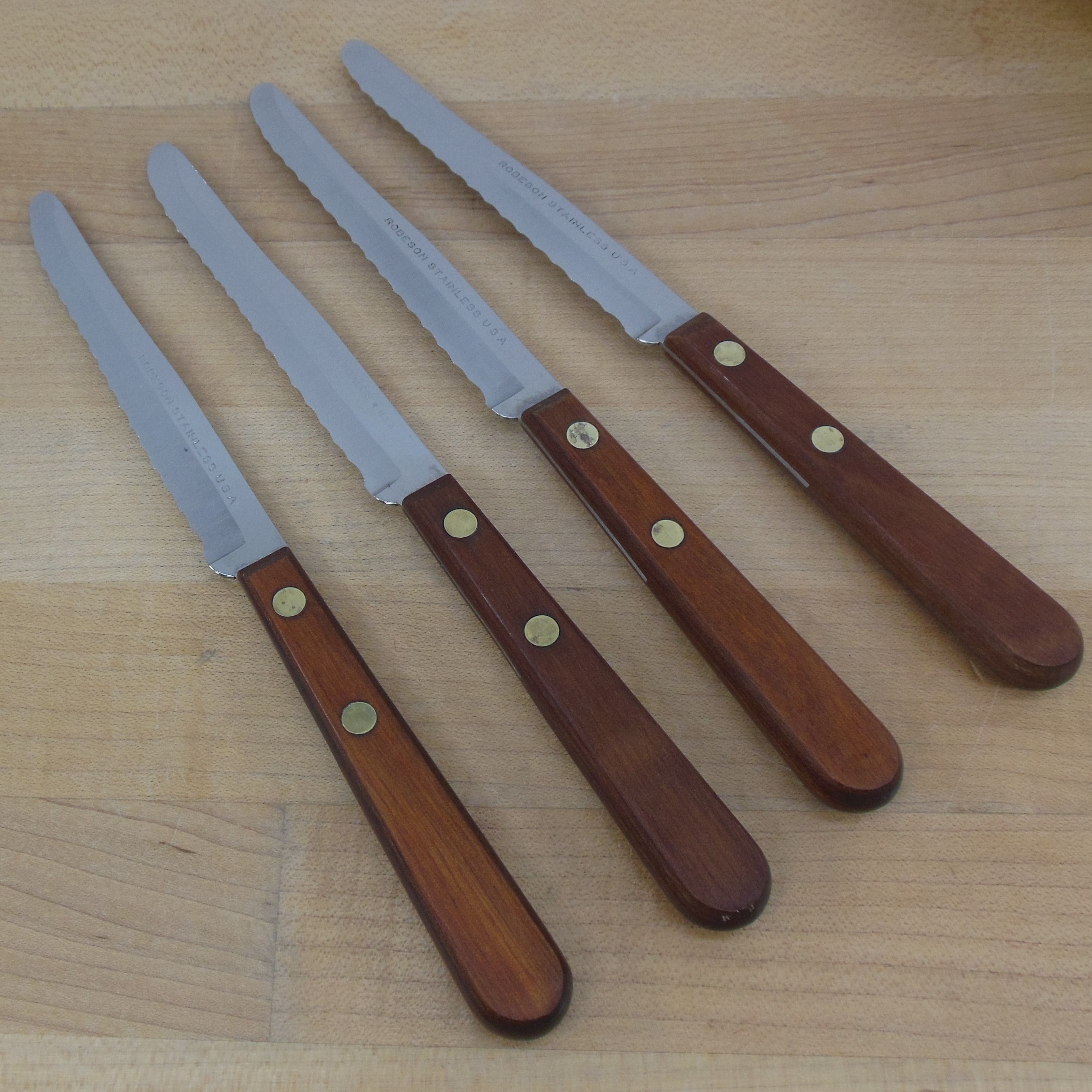 Vtg 4 Carravelle by Robeson 9 Serrated Steak Knives w/ Wood Handles Japan