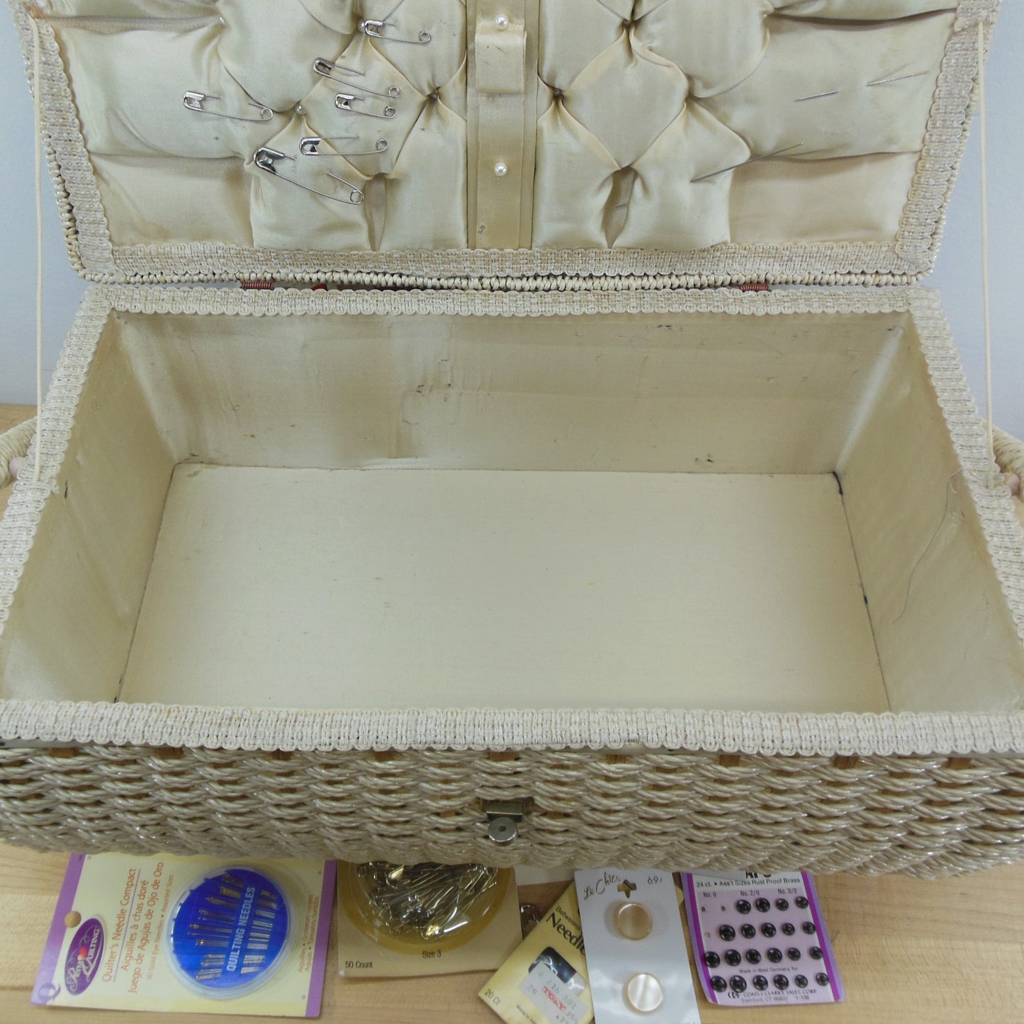 Estate Wicker Woven Sewing Box Basket with Notions Thread Needles Floral Print Fabric