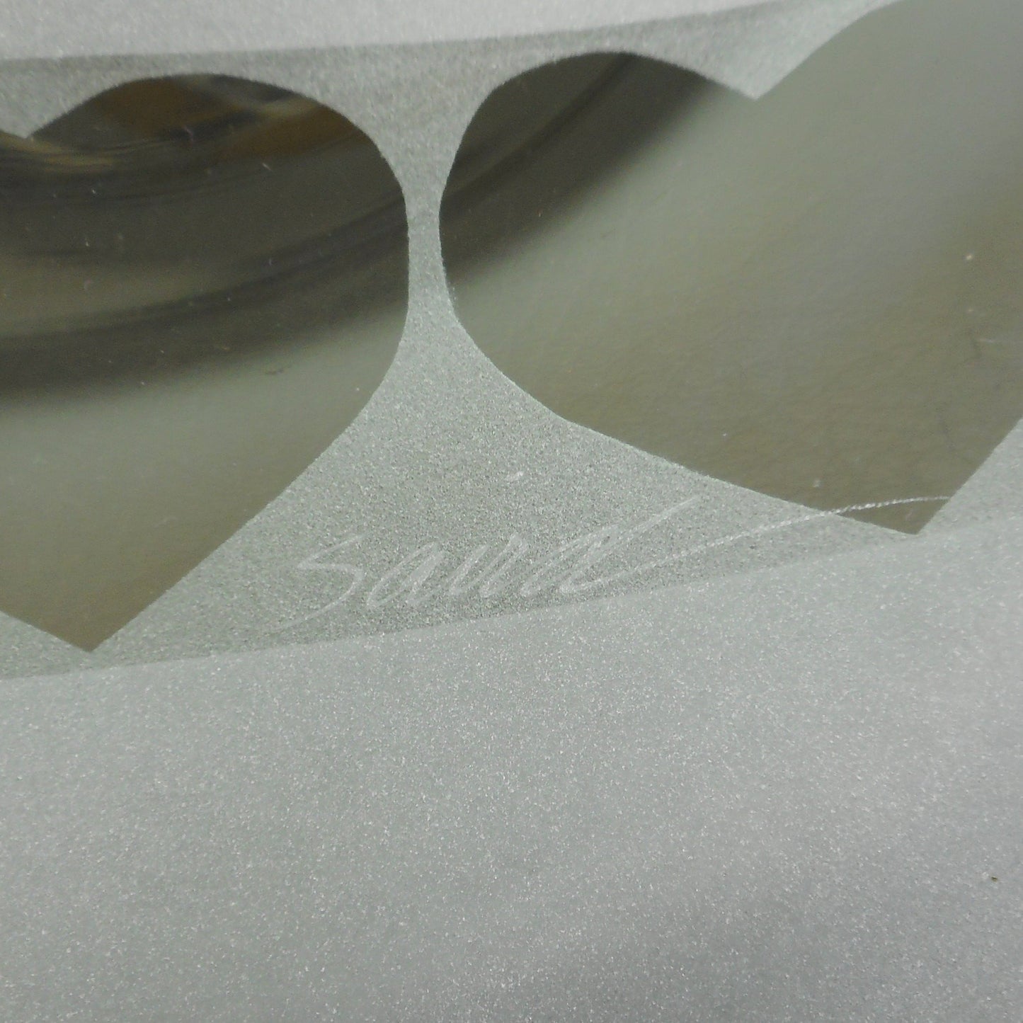 Saird Signed Art Glass Modern Bowl Etched Sand Blasted 3 Hearts White