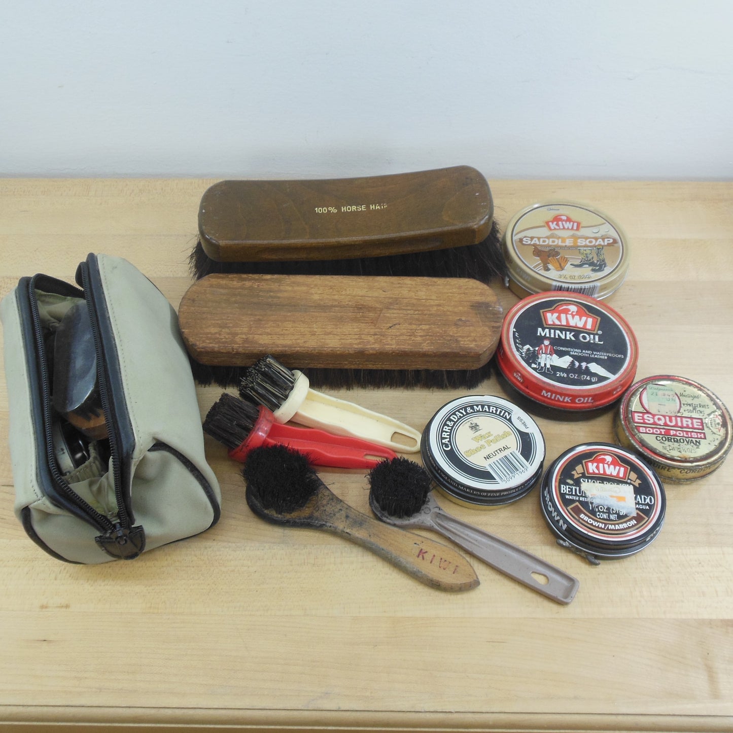 Shoe Polish Vintage Lot Brushes Cans Travel Kit Horse Hair