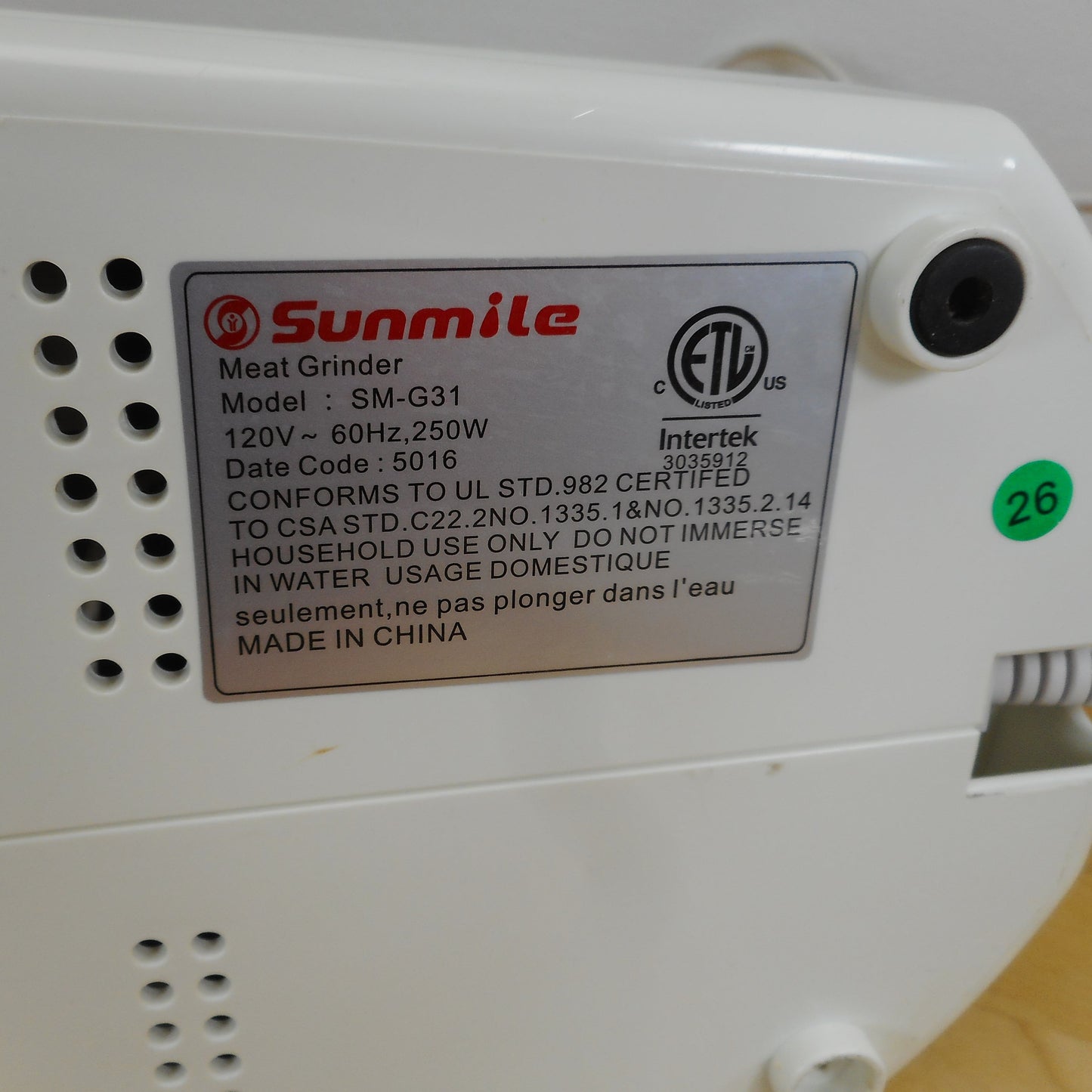 Sunmile Meat Grinder SM-G31 Replacement Part - Base Unit White