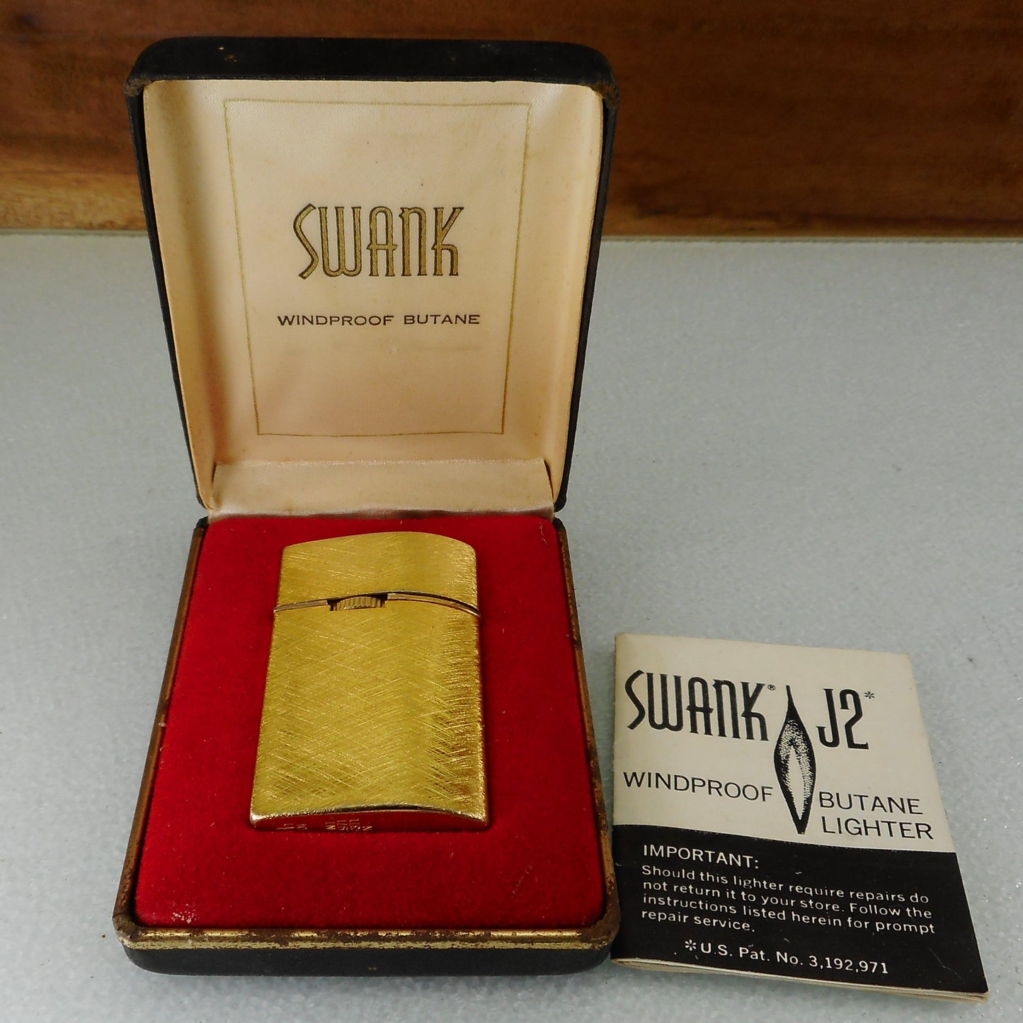 Swank J2 Windproof Butane Lighter with Case Papers - Brushed Gold Tone