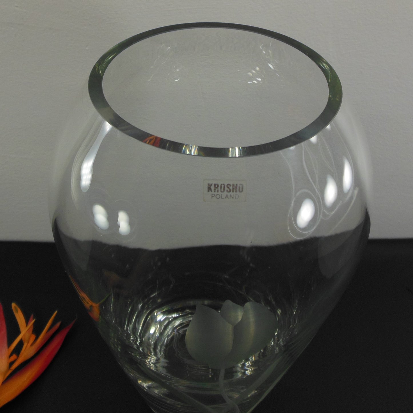 Krosno Poland Cut Etched Glass Vase Tulip Flower 11.75" Clear Ground Edge