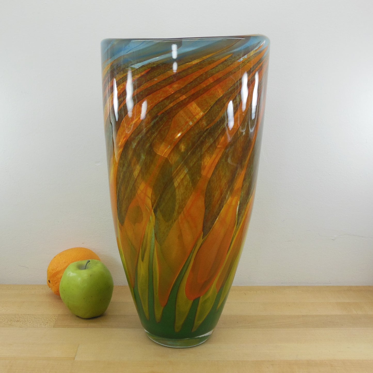 Signed Unknown Artist A? Large 16" Blown Art Glass Vase Multi-Color Swirl
