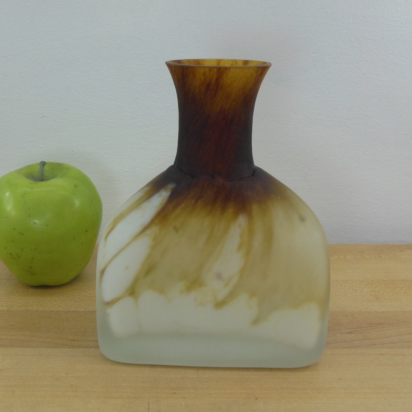 Frosted Cased White Brown Art Glass Vase Tortoise Shell