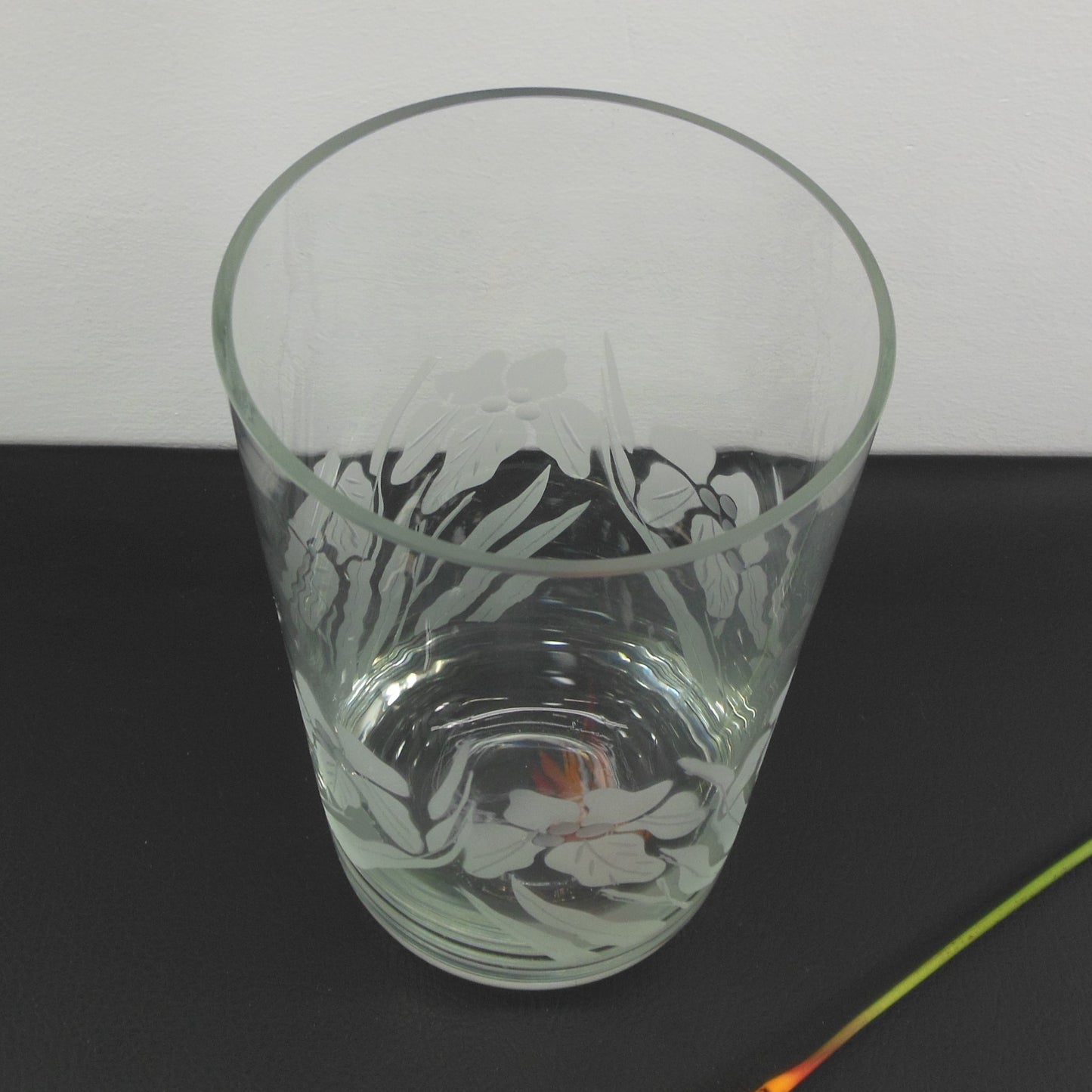 Etched Clear Glass Cylinder Vase Iris Flowers 9.5" Vintage
