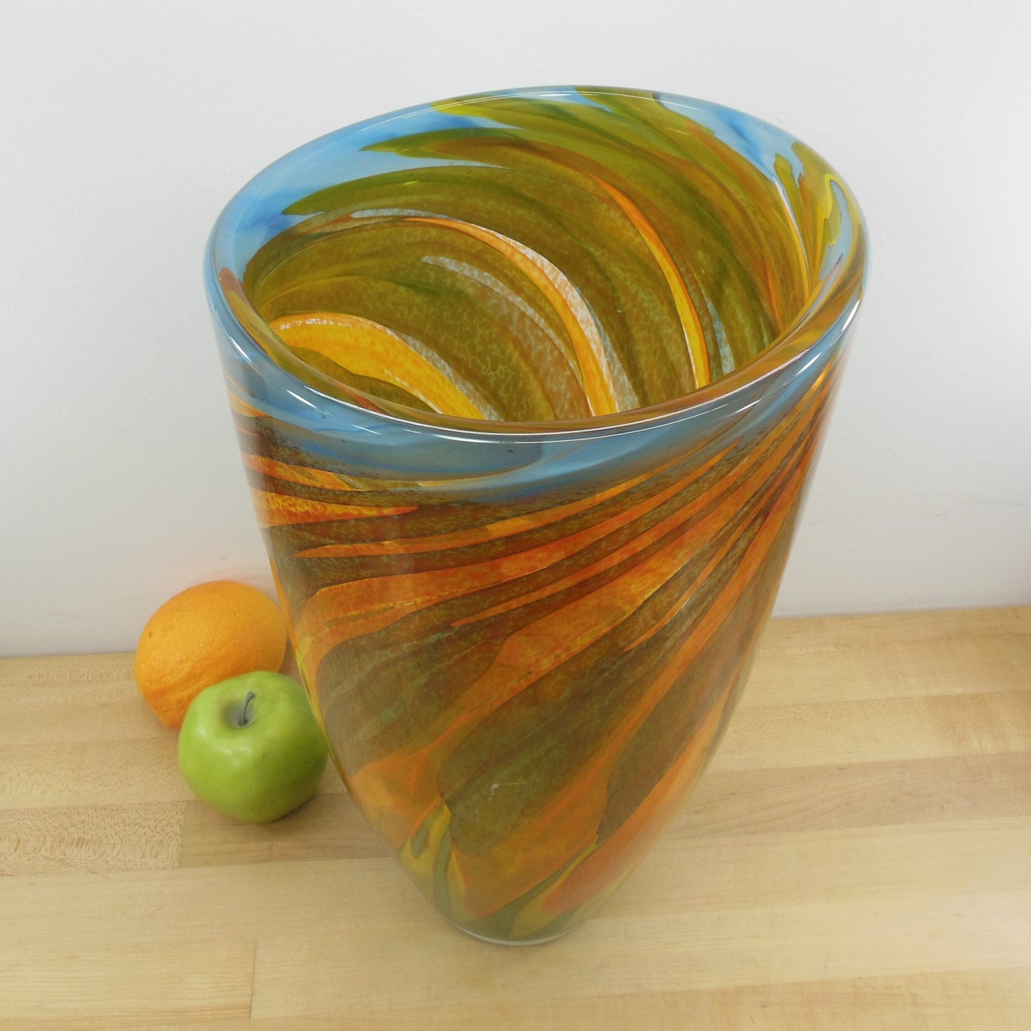 Signed Unknown Artist A? Large 16" Blown Art Glass Vase Multi-Color Swirl Vintage