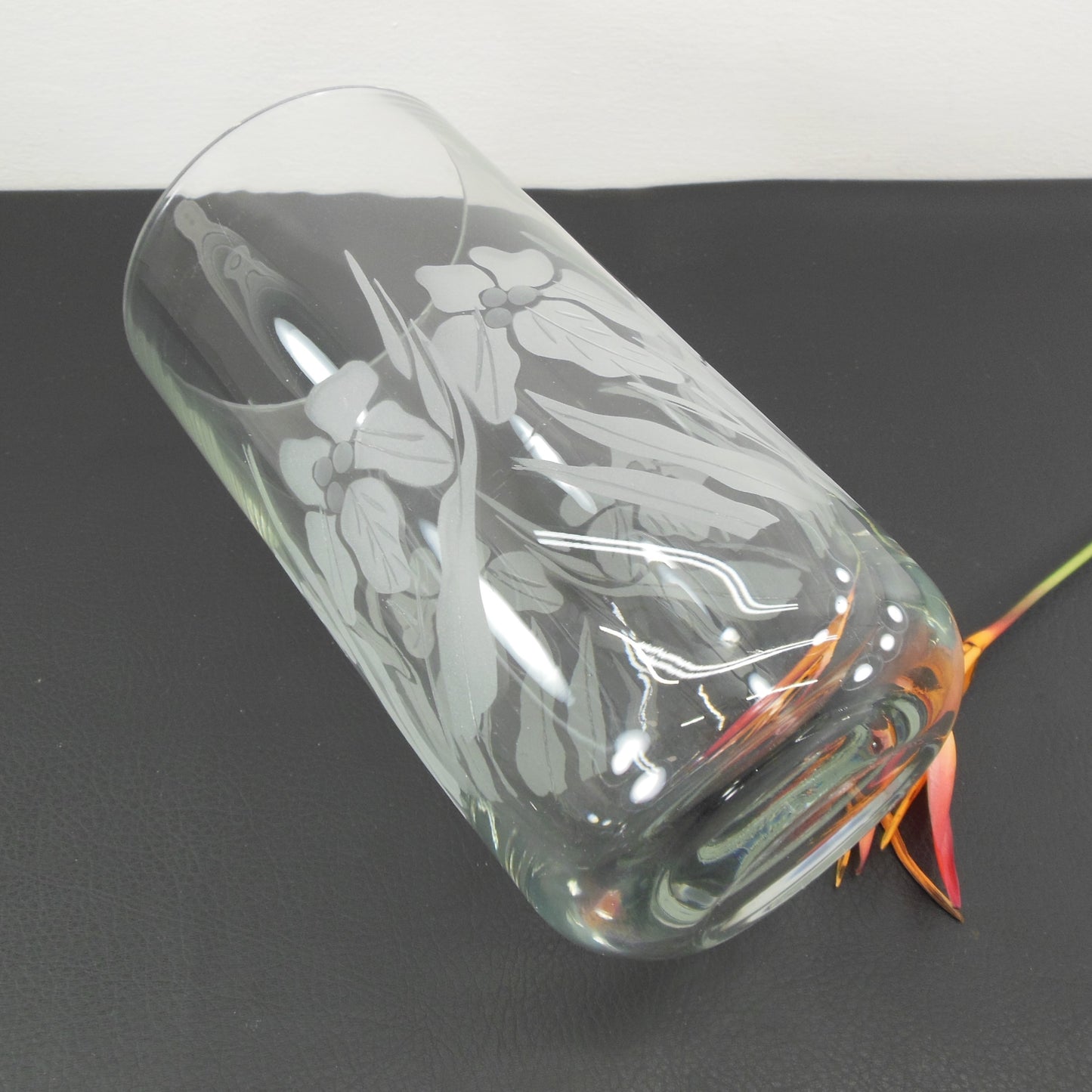 Etched Clear Glass Cylinder Vase Iris Flowers 9.5" Used