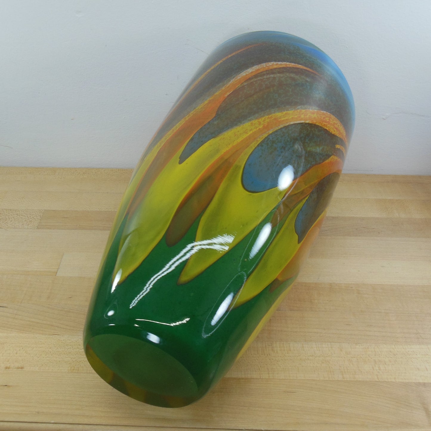Signed Unknown Artist A? Large 16" Blown Art Glass Vase Multi-Color Swirl Big Heavy