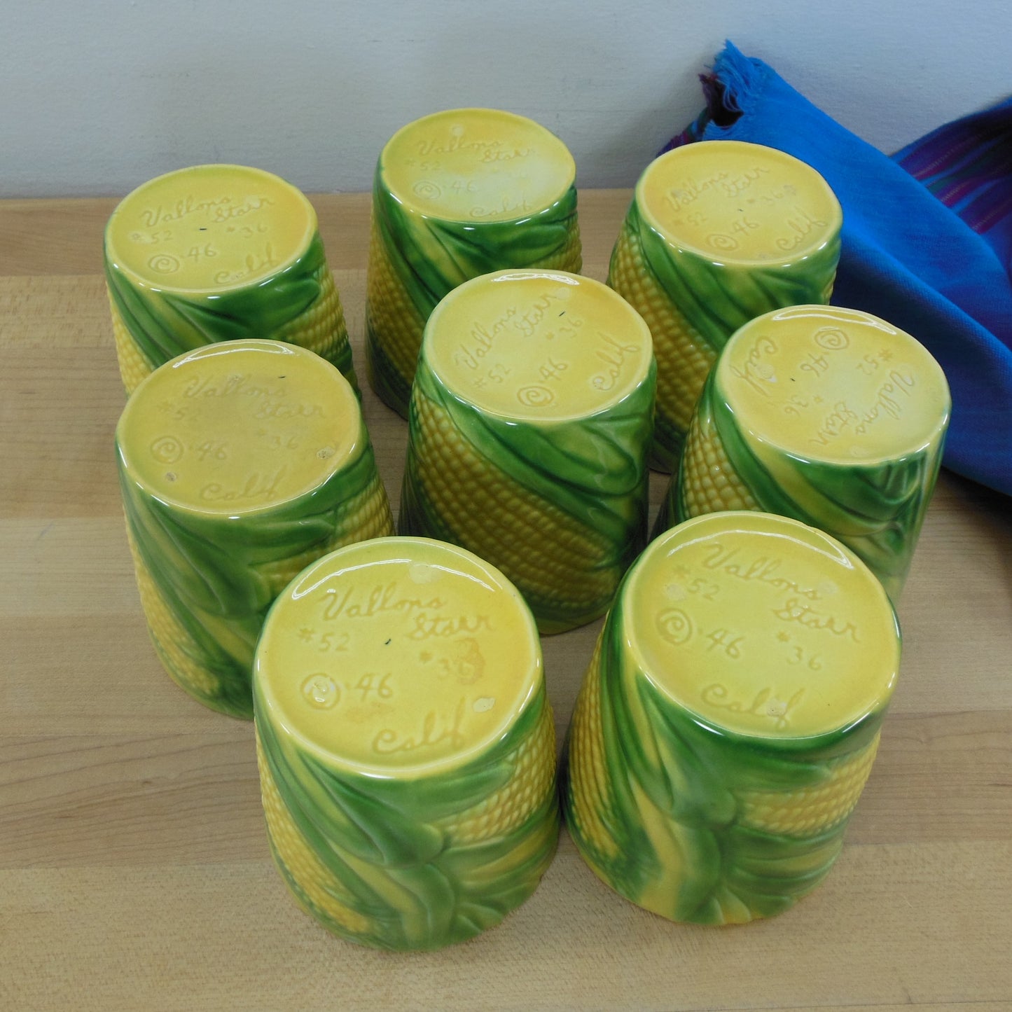 Vallona Starr 1946 California Pottery 8 Set Corn Cob Ear Tumblers Green Yellow