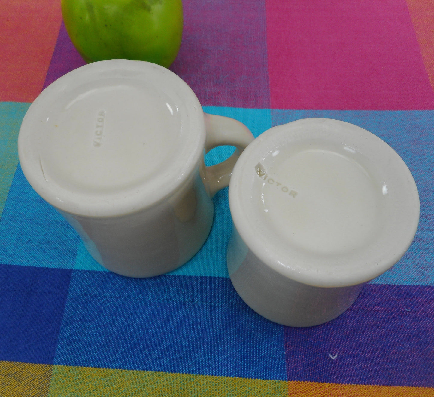 Victor Restaurant Ware Pair White Mugs Two Sizes Vintage