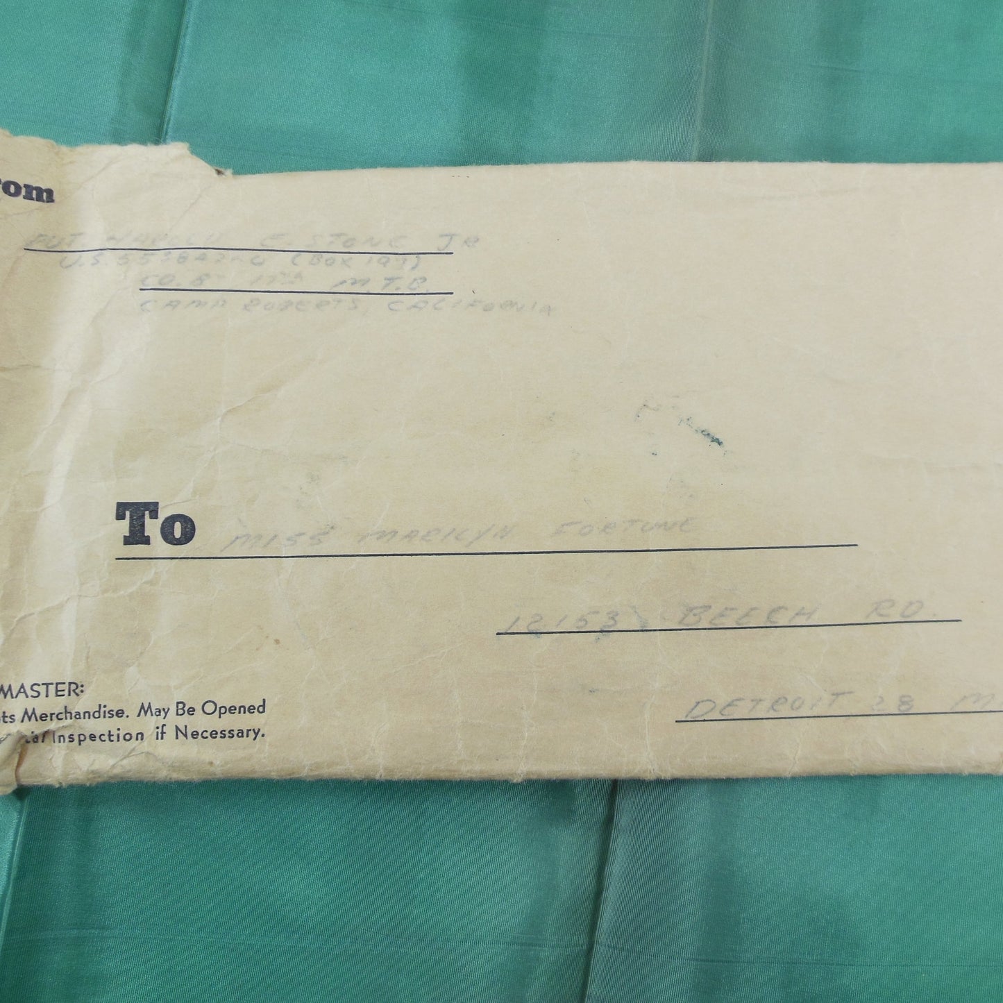 US Army 7th Armored Division Camp Roberts 1950's Sweetheart Pillow Sham Named Envelope