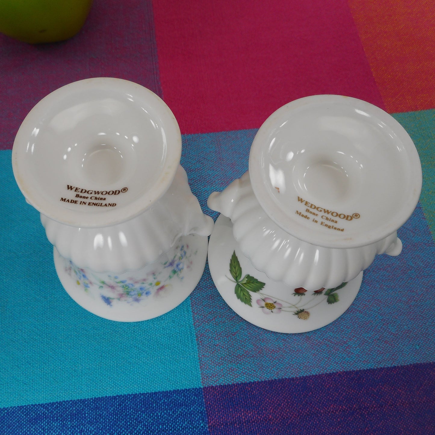 Wedgwood England Fine Bone China 2 Small Urns - Pastel Flowers & Strawberries Pink Blue Green