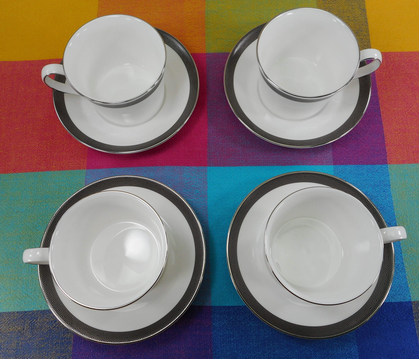 Wedgwood England Bone China - Metropolis - 4 Set Cup & Saucers Greek Key Used