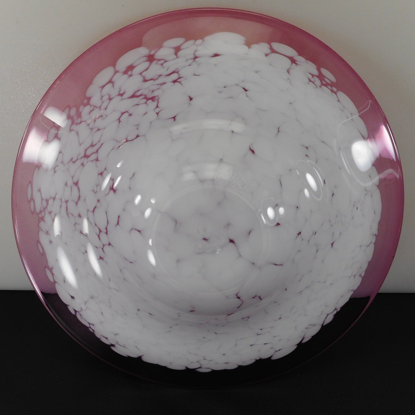 James Wilbat Signed Art Glass 10" Bowl Pink White Spots - Not Dated