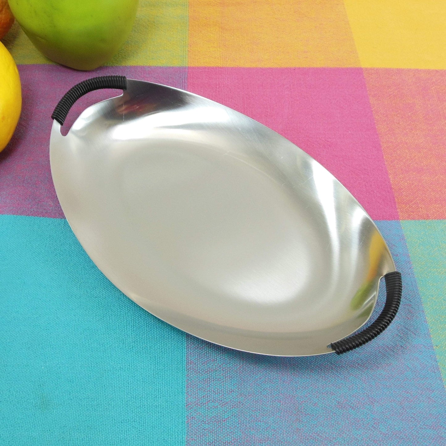 WMF Germany Cromargan Stainless Oval Tray Dish Faux Raffia Handles