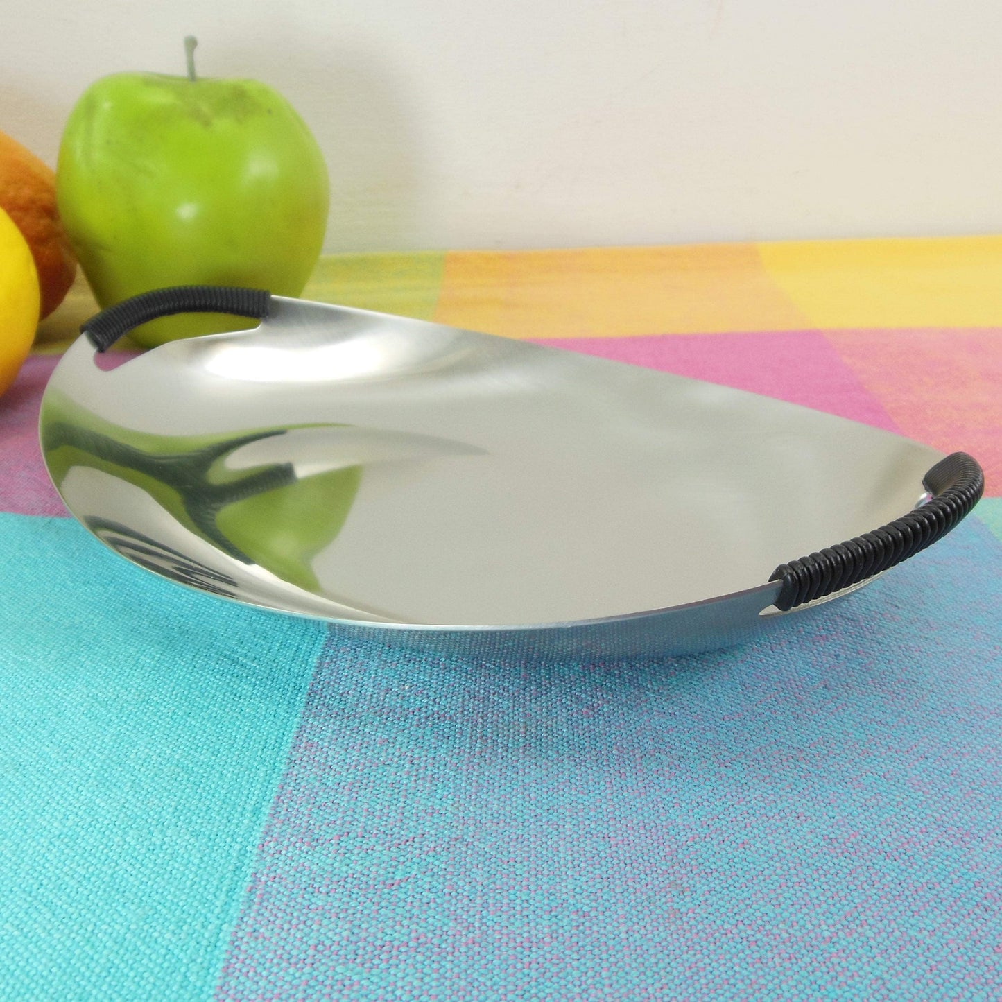 WMF Germany Cromargan Stainless Oval Tray Dish Faux Raffia Handles Vintage
