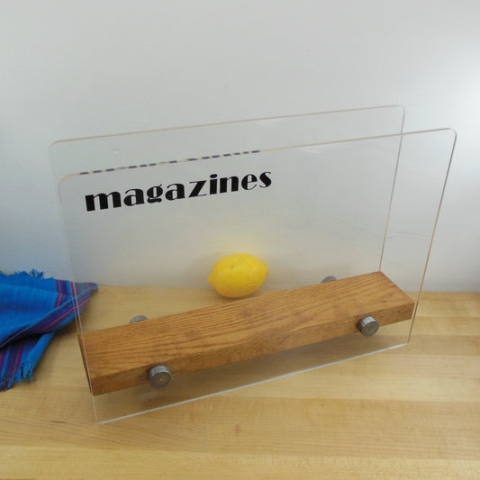 Lucite Acrylic Magazine Rack Black Letters Oak Wood Base