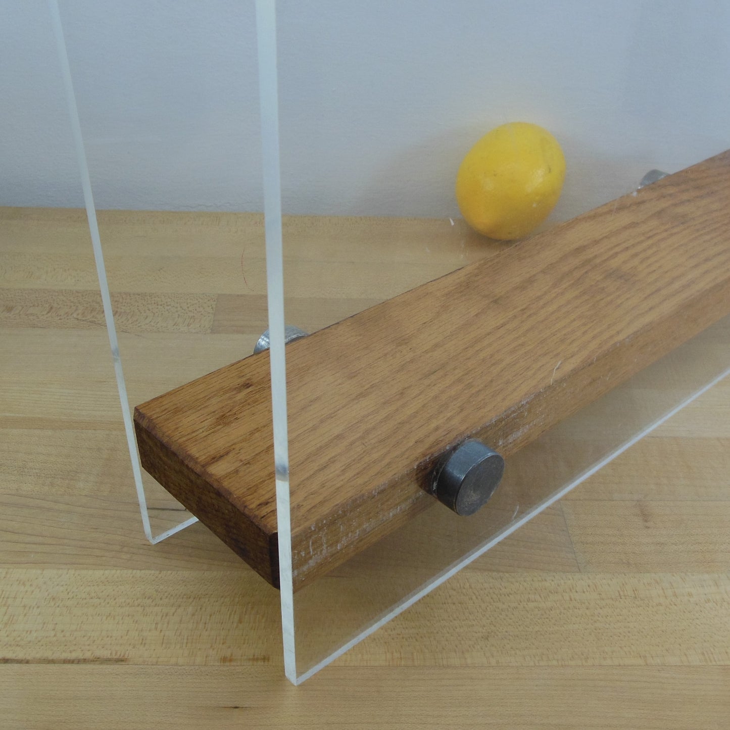 Lucite Acrylic Magazine Rack Black Letters Oak Wood Base Used
