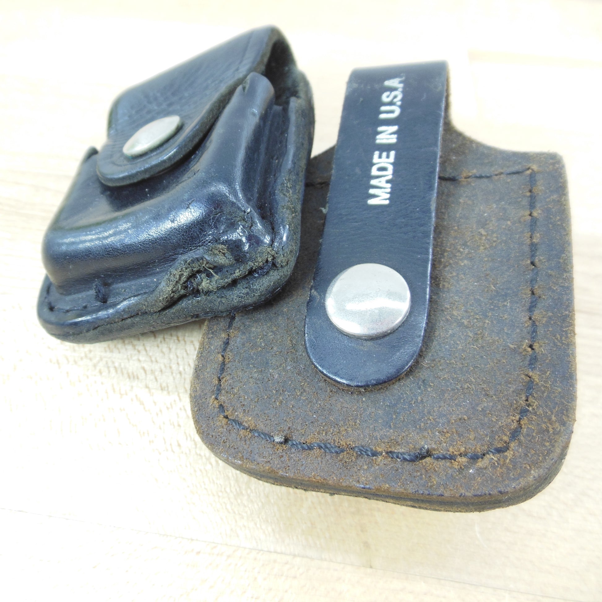 Zippo Pair Black Leather Lighter Biker Belt Pouches Vintage