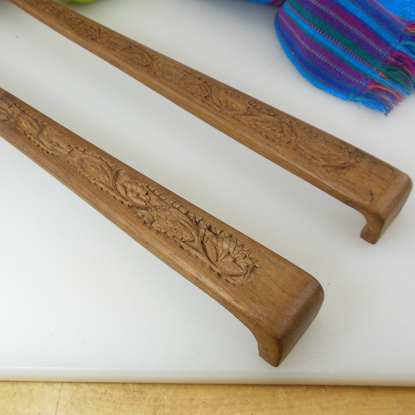 India Large Carved Rosewood 16" Salad Server Set Vintage