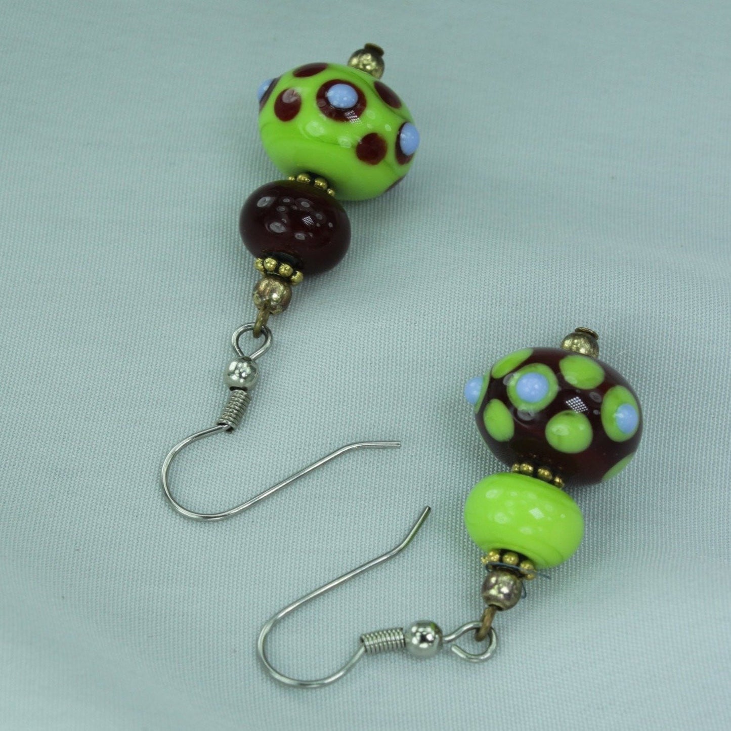 Lampwork Mod Earrings Chartreuse Merlot Polka Dots Shepherd Hook mod design