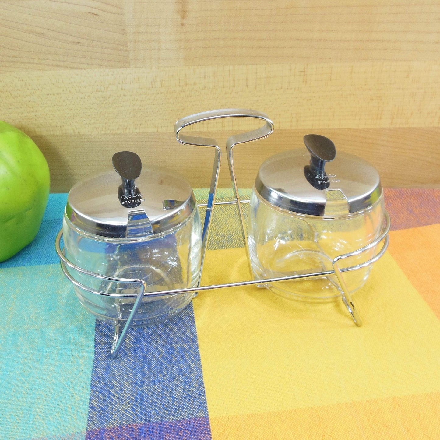 Foley USA Chrome Lidded Condiment Jam Jars & Holder