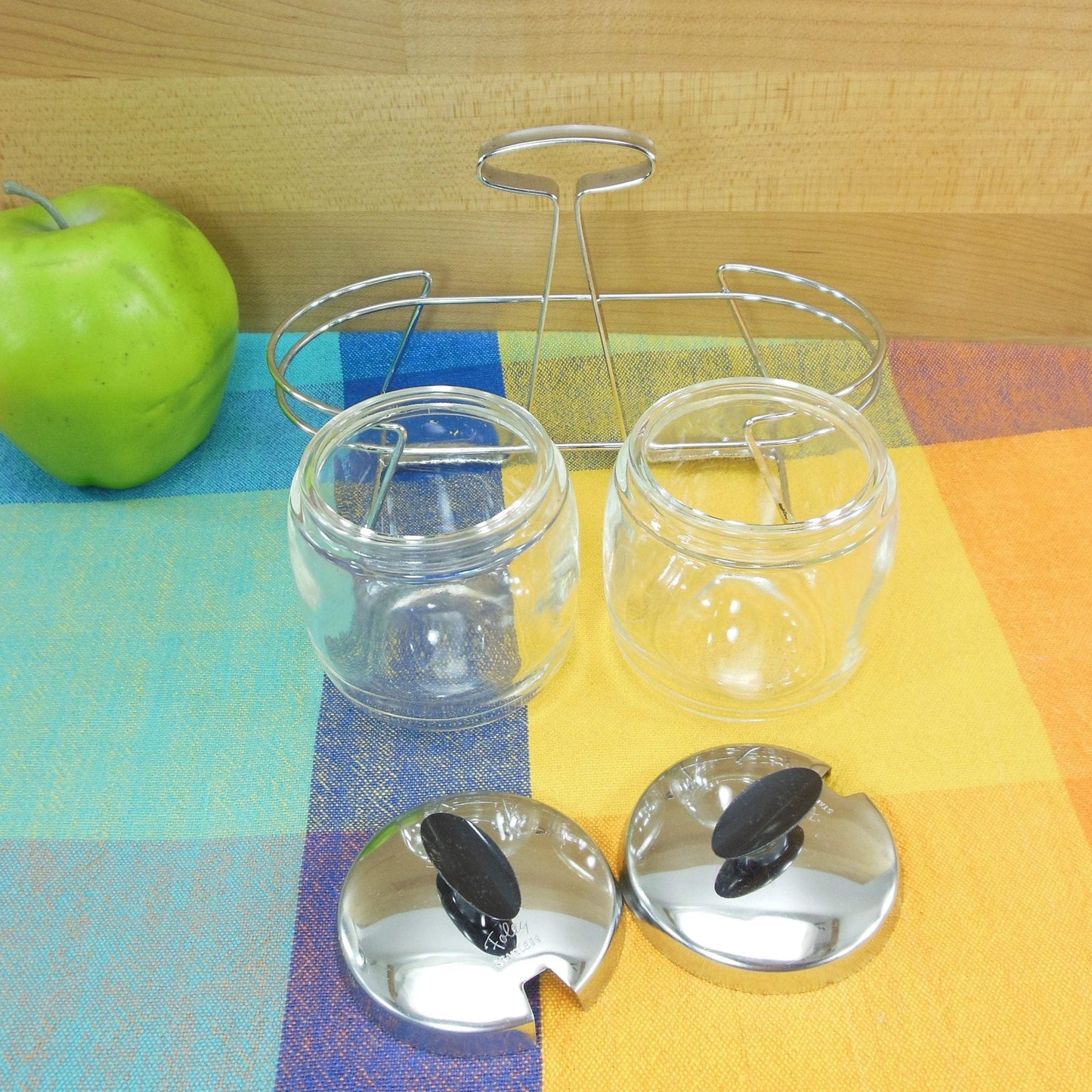 Foley USA Chrome Lidded Condiment Jam Jars & Holder Vintage