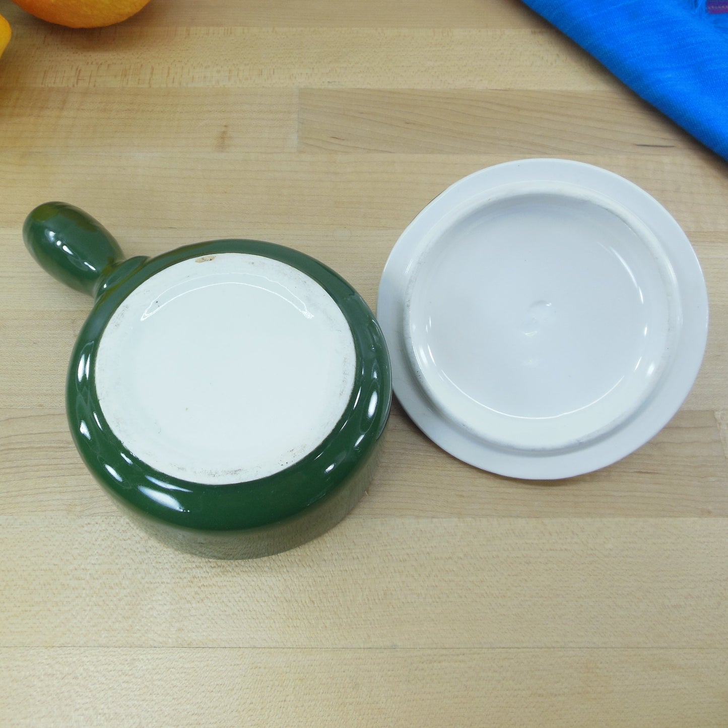 Vegetables Handpainted Fruit Finial Lidded Bowl Stub Handle White Green Embossed