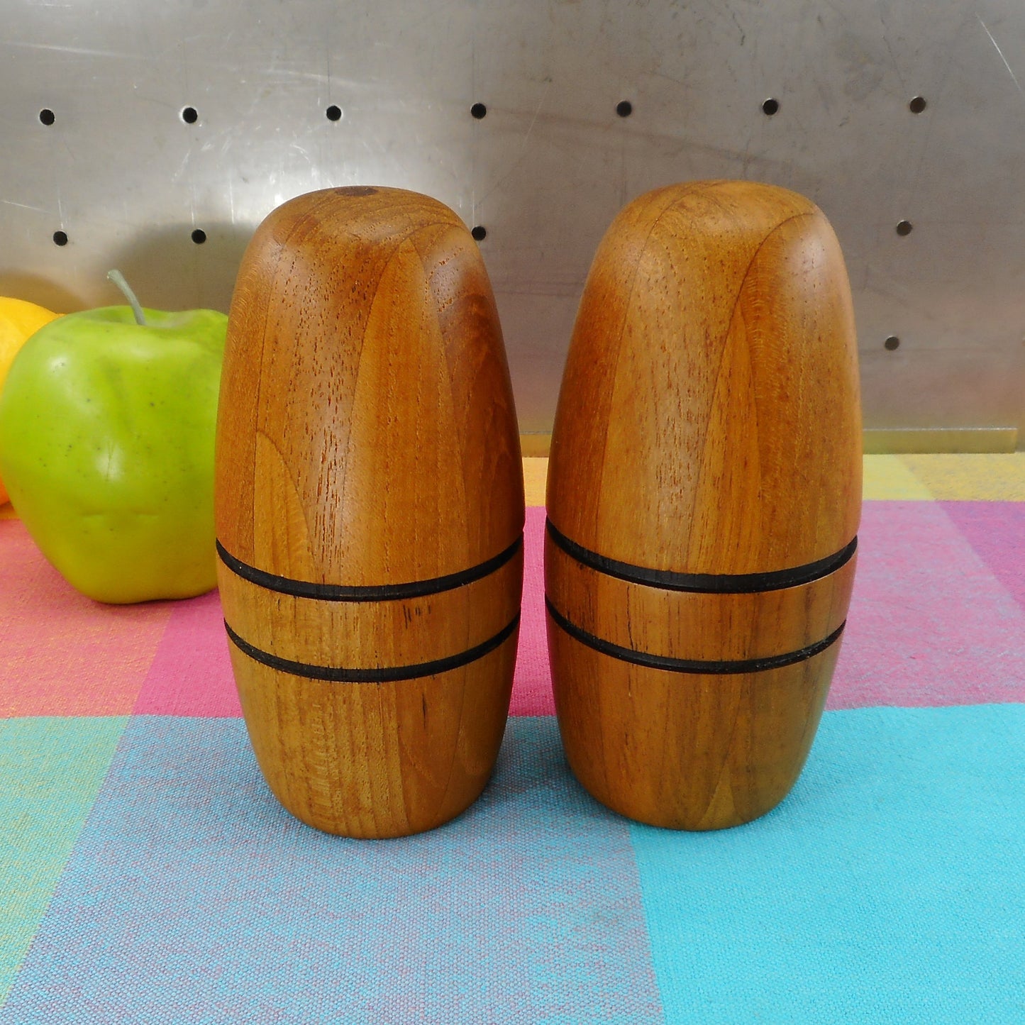 Nissen Digsmed Denmark Teak Pepper Salt Mill Set Egg Shape Black Bands Rare