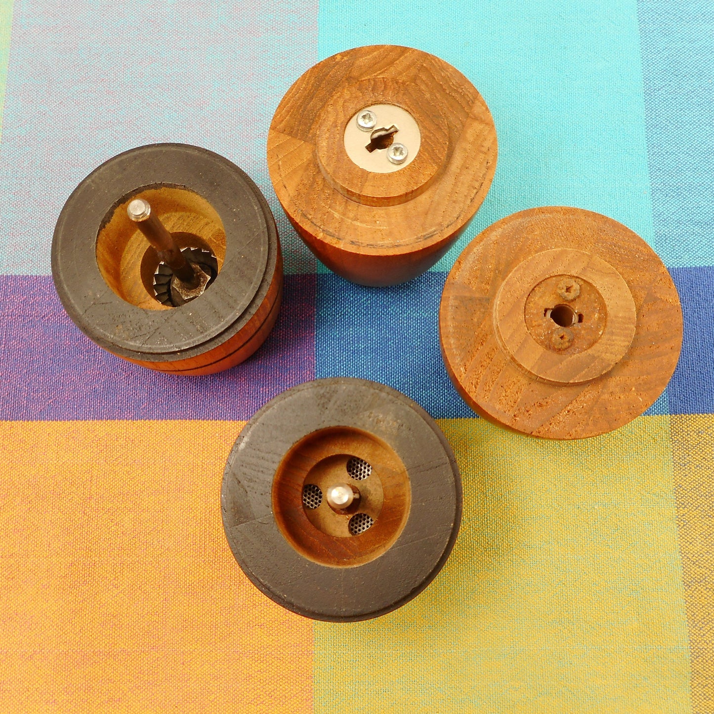 Nissen Digsmed Denmark Teak Pepper Salt Mill Set Egg Shape Black Bands Rare Vintage Used