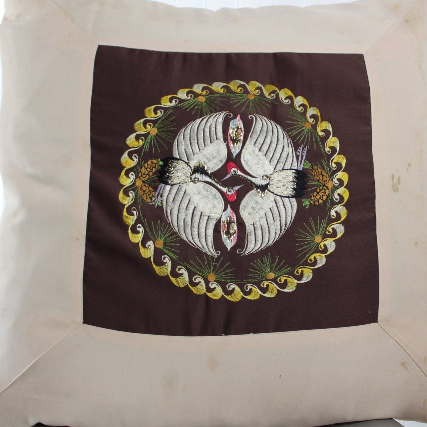 Large Vintage Pillow 2 Covers 24" India Sequin plus Cover Oriental Cranes decorator