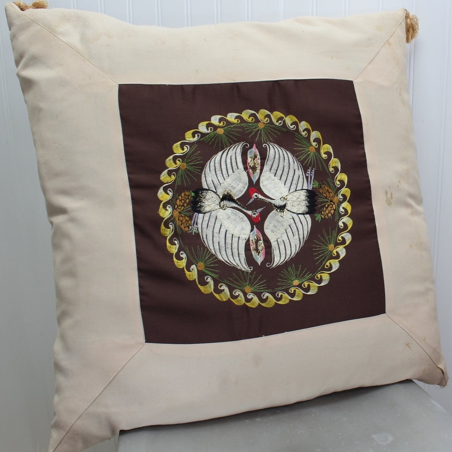 Large Vintage Pillow 2 Covers 24" India Sequin plus Cover Oriental Cranes exotic