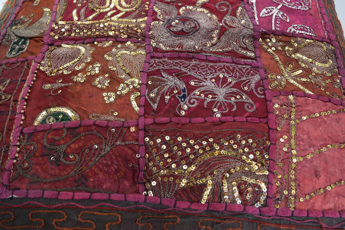 Large Vintage Pillow 2 Covers 24" India Sequin Oriental Cranes Reds Black mirrors