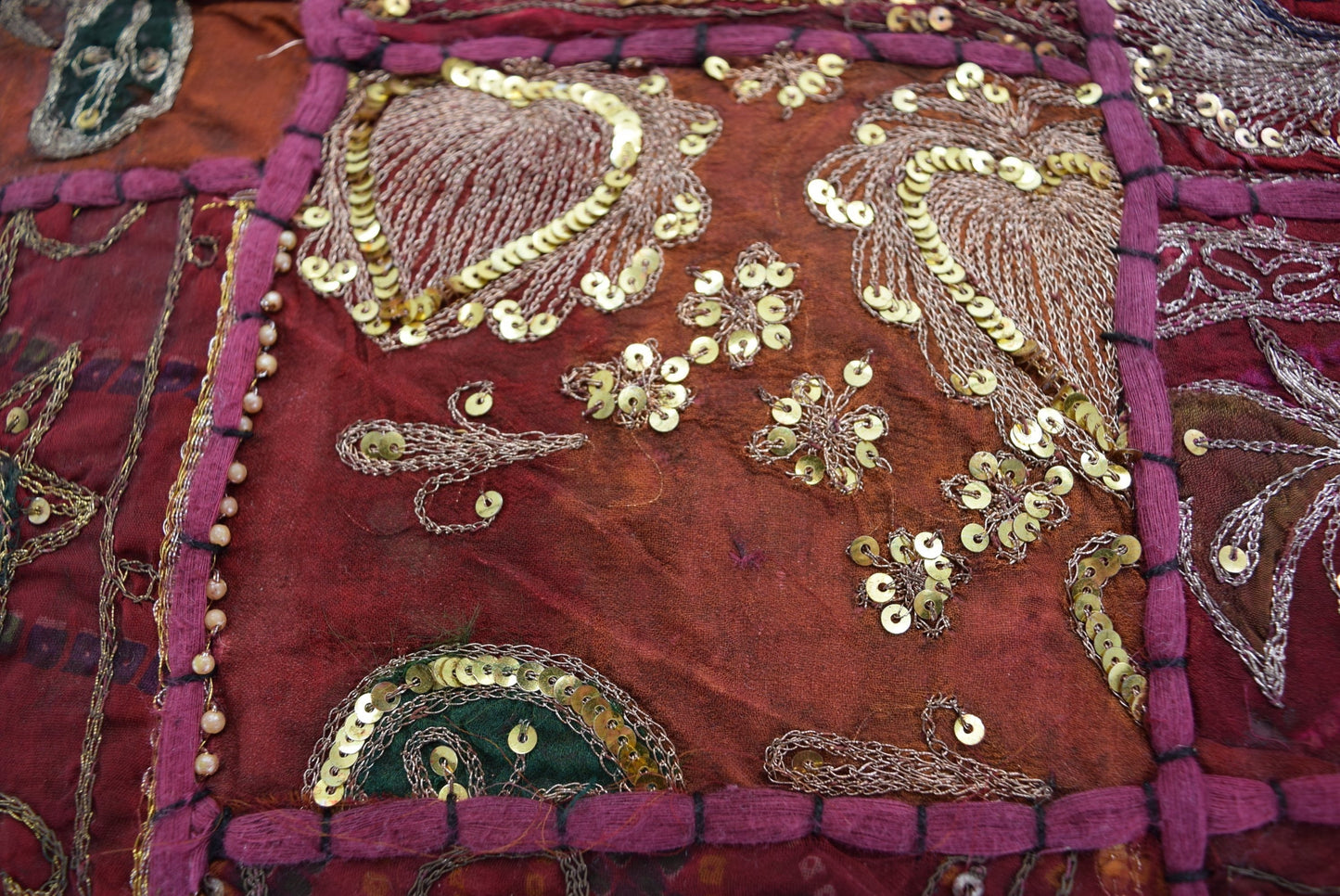 Large Vintage Pillow 2 Covers 24" India Sequin Oriental Cranes Reds Black exotic