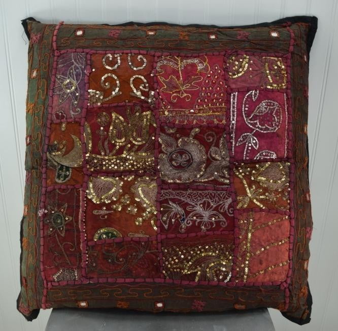 Large Vintage Pillow 2 Covers 24" India Sequin Oriental Cranes Reds Black