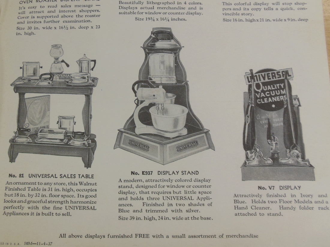 1937 Universal Dealer Catalog Store Displays - Sales Table, Mixer, Vacuum Cleaners