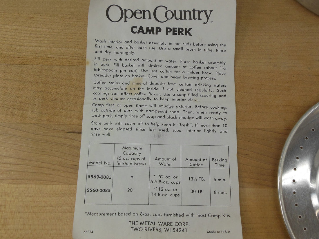 Open Country Camp Perk Coffee Percolator Instruction Sheet