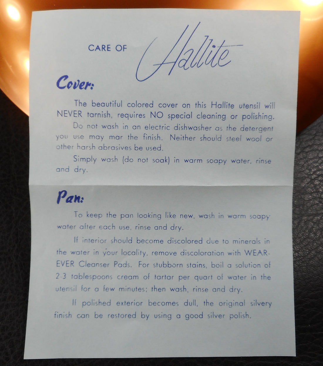 1950's Vintage Wear Ever Hallite Cookware Instruction Care Of Insert Paper