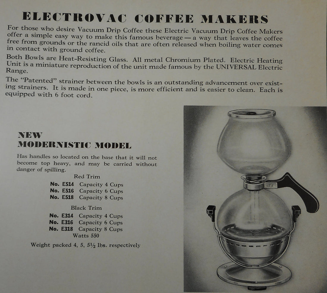 1937 Vintage Universal Electrovac Vacuum Drip Coffee Maker Ad -  Landers Frary & Clark