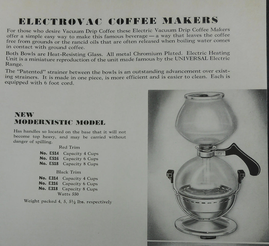 The 1937 Universal Electrovac Vacuum Coffee Makers - Modernistic Model