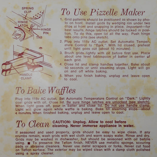 Vintage Rival Model 95/1 Electric Pizzelle Maker Instructions Operation Cleaning
