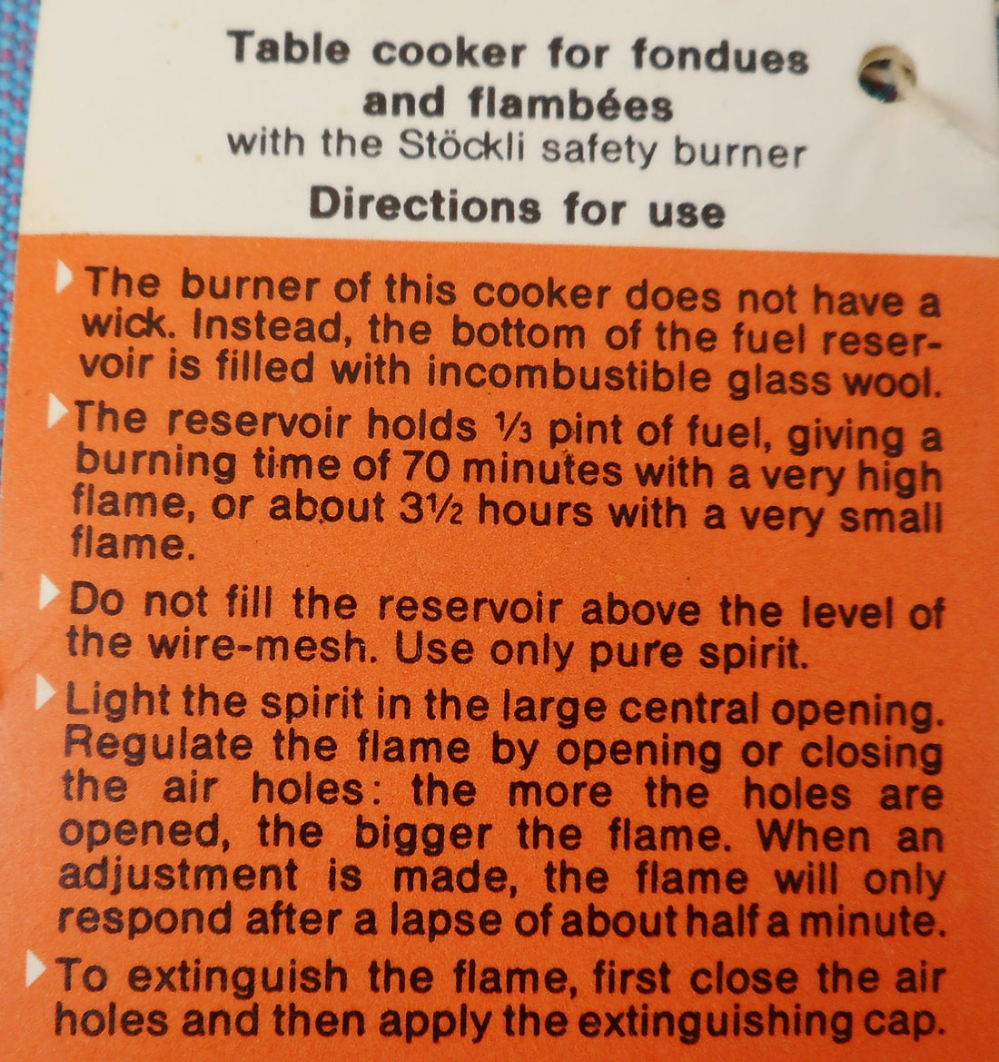 Instructions For The Stockli Fondue Table Cooker Burner
