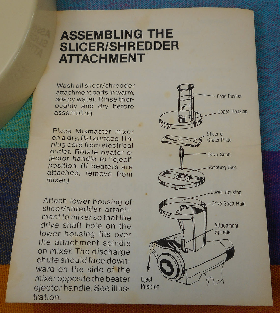 Sunbeam Mixmaster Attachment Slicer/Shredder Parts Guide Instructions Diagram 1970-80s