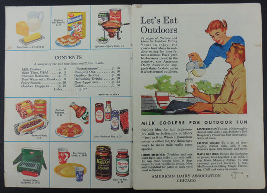 1950-60s "Let's Eat Outdoors" Recipe Booklet - Nescafe Bisquick Hormel Coleman Karo
