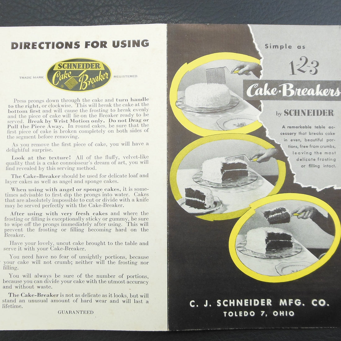 This is the instruction sheet for the vintage C.J. Schneider cake breaker utensil.