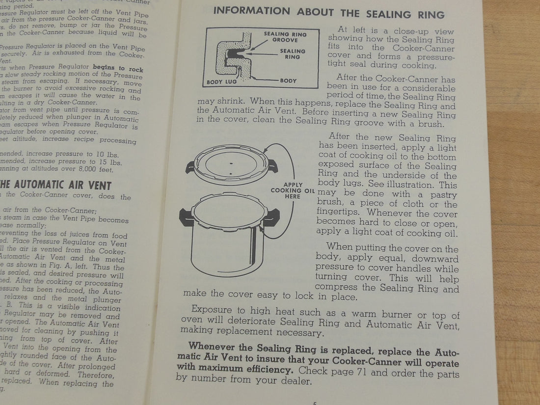 Presto 1975 Pressure Cooker Instructions for Sealing Ring Gasket