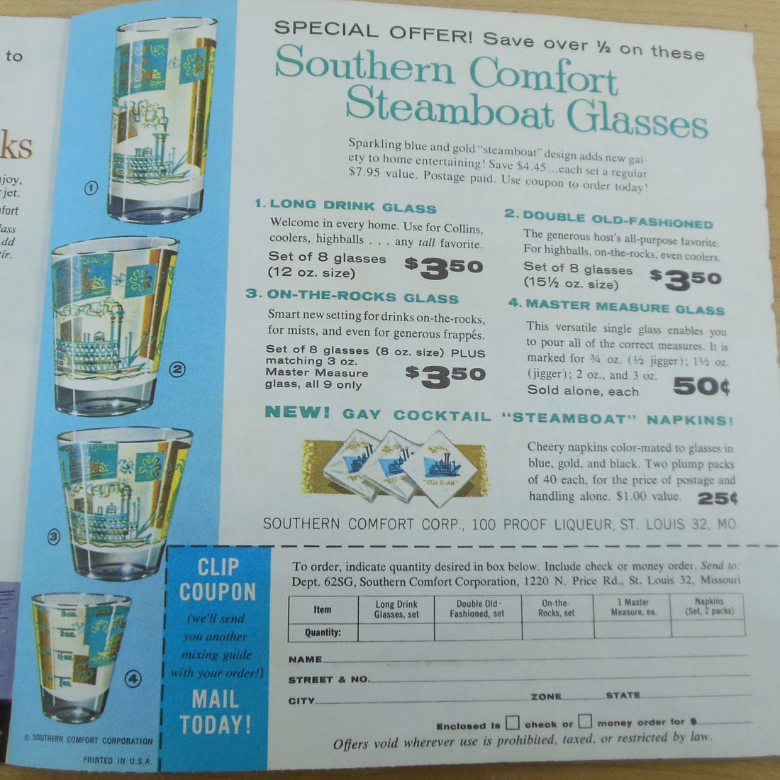 Southern Comfort 1950's Steamboat Glasses Advertisement